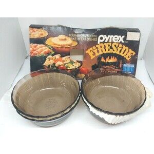 New Vintage Fireside Corning Set Four 16oz Bake 'N' Eat Amber Glass Dishes Bowls